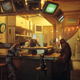A screenshot from Stray depicting the player character sitting at a bar with a couple of other machines with monitors for heads.